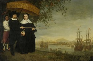 Jacob Mathieusen, a Holland Kelet-indiai Társaság egyik vezető kereskedője és felesége Bataviában, ahol a Holland Kelet-indiai Társaság hajói készülnek hazafelé 1640-60 körül.